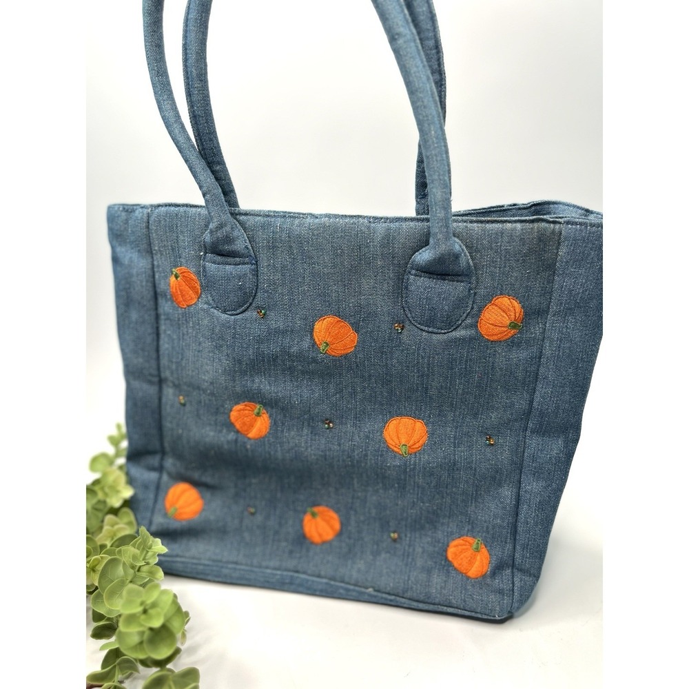 Vintage Quacker Factory denim blue shoulder bag w/ embroidered pumpkins